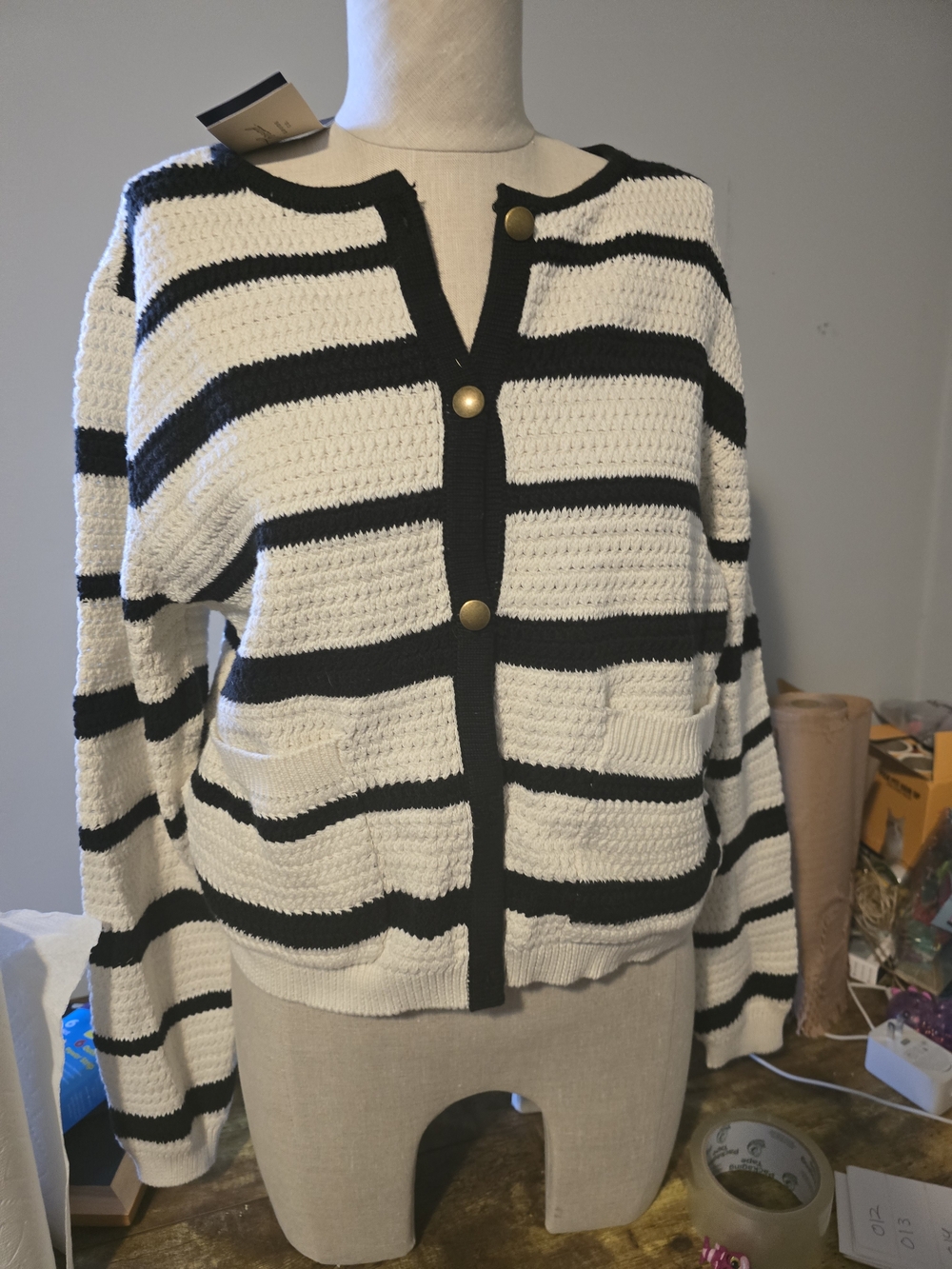Universal Thread Black & Cream Striped Button-Up Cardigan